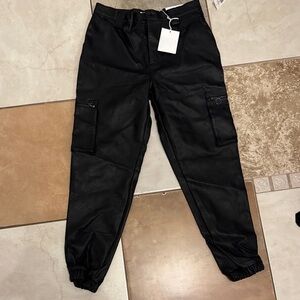 Buckle Black Faux Leather Cargo Jogger Pants